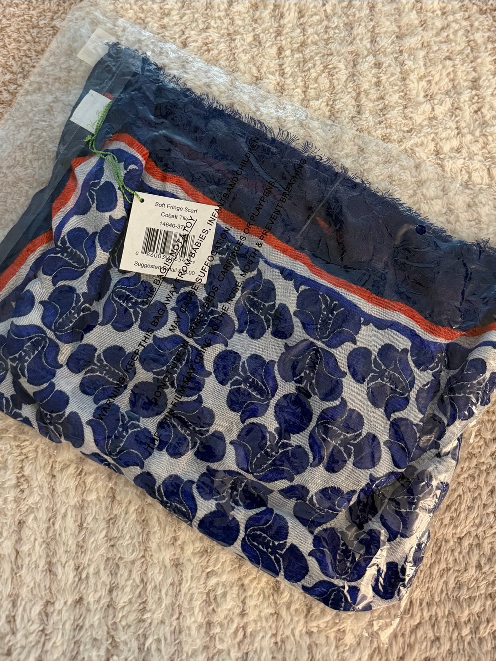 NWT Vera Bradley Soft Fringe Scarf Cobalt Tile Retired Blue Red